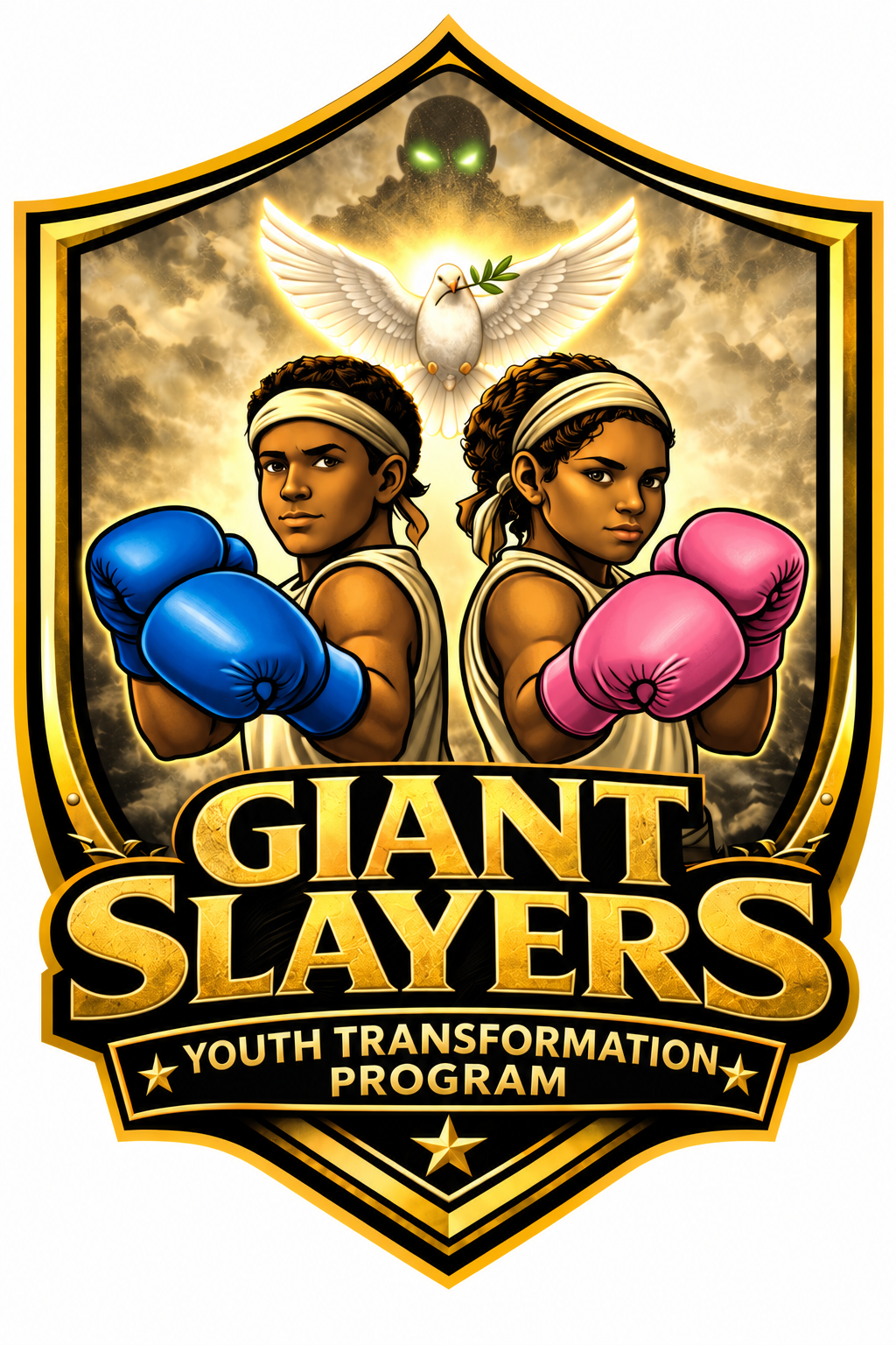 Giant Slayers Youth Transformation Program logo with a boy and girl wearing boxing gloves beneath a dove